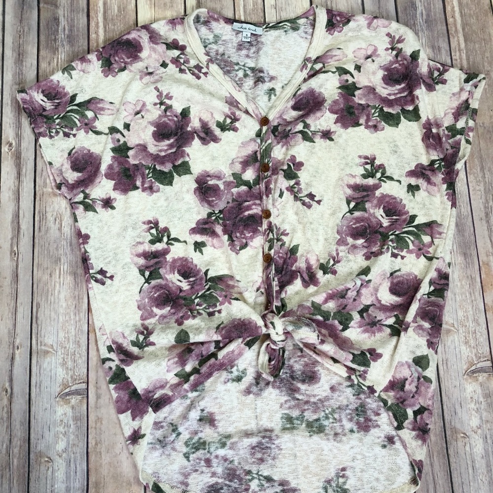 Ivory Front Self Tie Floral Knit Top